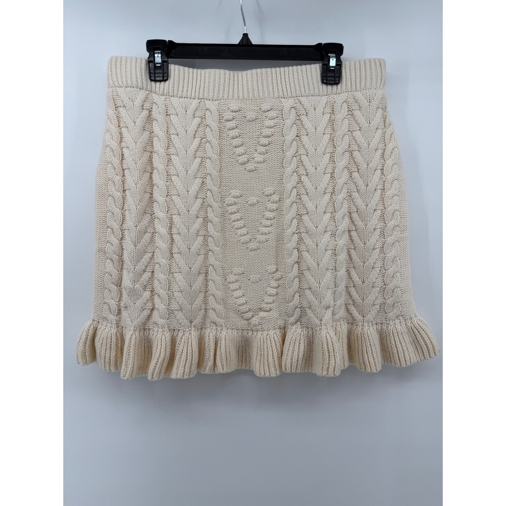 Francescas Cream Cable Knit Heart Mini Skirt Ruffle Hem Ivory Large